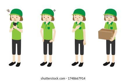Illustration set of 4 poses of Courier delivery woman standing