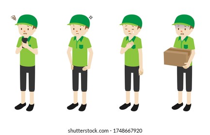 Illustration set of 4 poses of Courier delivery man standing