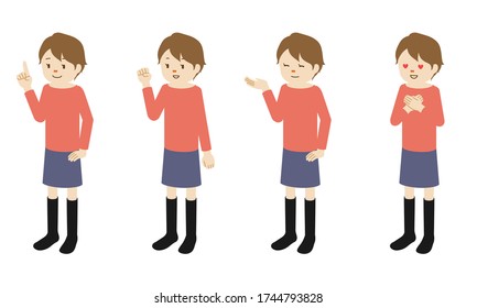 Illustration set of 4 poses of female character standing