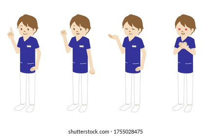 Illustration set of 4 poses of a female medical worker (radiologist) standing
