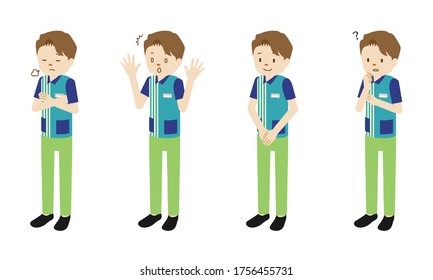 Illustration Set Of 4 Poses Of Male Clerk At Convenience Store