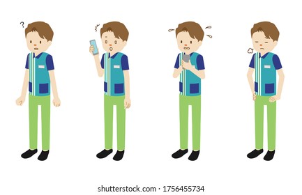 Illustration Set Of 4 Poses Of Male Clerk At Convenience Store