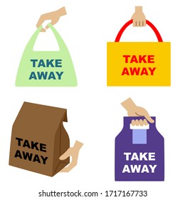 Illustration set of 4 types of take out food icons "TAKE AWAY"