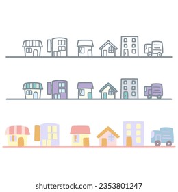 Ilustración de 7 simples y lindos paisajes urbanos deformados