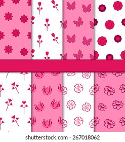 Illustration Set of 8 Seamless Abstract Floral Romantic Pattern - Vector
