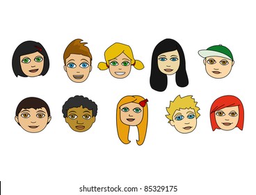 Illustration Set Of 9 Different Faces Of All Sexes And Races . Also Available In Other Sets.