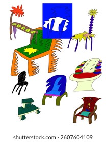  illustration set of 9 unique design chairs with colorful colors in freehand line style
