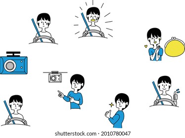 Illustration set about car driving and drive recorder