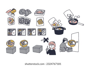 Illustration set about cut vegetables, cooking kit delivery service, and bento delivery service