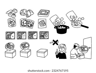 Illustration set about cut vegetables, cooking kit delivery service, and bento delivery service