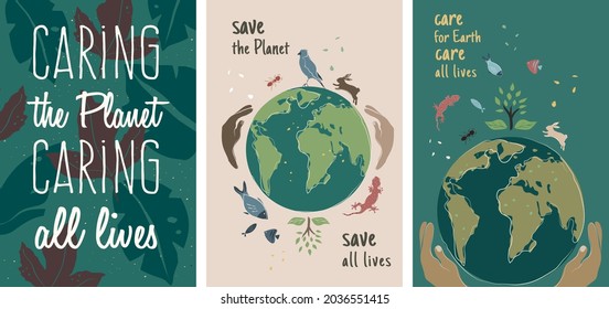 Illustration set about fighting against climate change with texts for the care of the Planet. Ecologist and vegan drawing in colorful flat style with hands holding the Earth, plants and animals. 