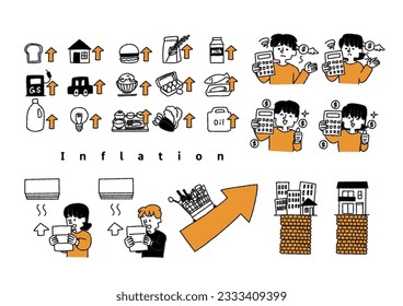  Illustration set about inflation such as rising prices, soaring prices, soaring fuel prices