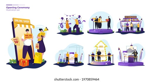 Illustration Set About Opening Ceremony With A Ribbon-cutting Ceremony, Soft Launching Product Presentation Concept