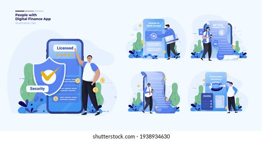 Illustration set about people using financial application concept svg