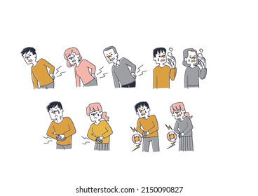  Illustration über schlechten körperlichen Zustand Comical handgeschriebene Person, Vektorgrafik mit warmem Linien
