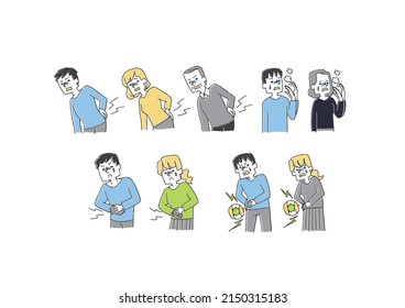  Illustration set about poor physical condition Comical handwritten person vector, warm line drawing
