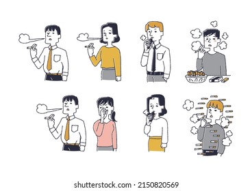 Illustration set about smoking Comical handwritten person vector, warm line drawing