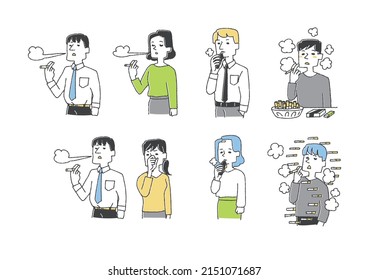 Illustration set about smoking Comical handwritten person vector, warm line drawing