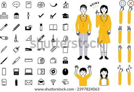 Illustration set about students, school, and stationery.The figure's hands are included for replacement.