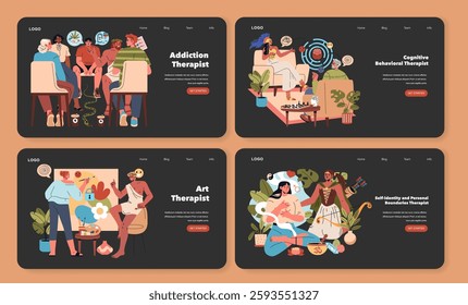 Illustration set about various therapy practices showing addiction counseling, cognitive behavioral therapy, art therapy, and personal boundaries therapy. Each scene captures the essence of supportive