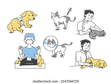 Illustration set about veterinary hospitals Comical handwritten figures Vectors, line drawings in color