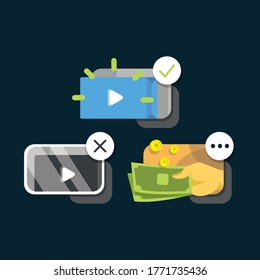 Illustration set about video package transaction flow in square isolation in digital application.