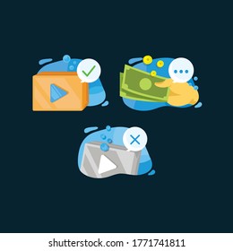 Conjunto de ilustraciones sobre la transacción de paquetes de vídeo en aplicación digital.
