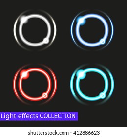  Illustration of a set of abstract shiny light circles with bright stars on black background