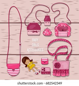 Illustration of a set of accessories for girls. Purses and bags for girls