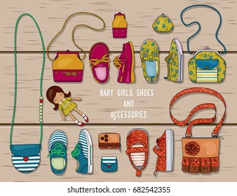 Illustration of a set of accessories for girls. Shoes, purses and bags for girls