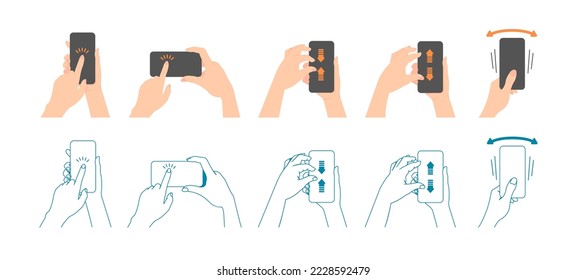 Ilustración de acciones para tocar el smartphone (tap, pinch, shake, etc.)