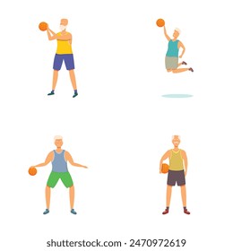 Illustration set of an active elderly man playing basketball in various poses