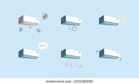  Illustration set of air conditioners with various problems like smells, leaks, makes noise, doesn't work, is old, or is strange. Vector on sky blue background.