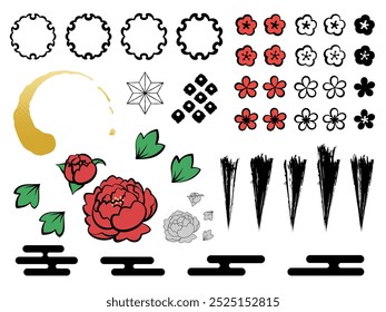 Conjunto de ilustração de quadrinhos americano estilo japonês flocos de neve padrão e flores de ameixa