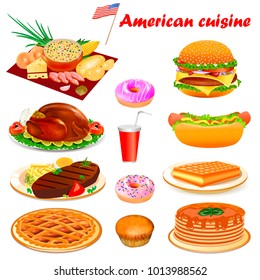 Illustration set of American cuisine with steak, turkey, punkake, donuts, soup