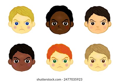 Illustration set of angry world cute boy faces