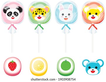 Illustration set of the animal candy of rabbit, panda, tiger and  bear