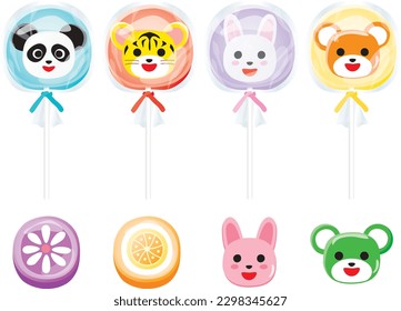 Illustration set of the animal candy of rabbit, panda, tiger and  bear