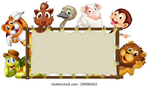 Illustration of a set of animals around a sign