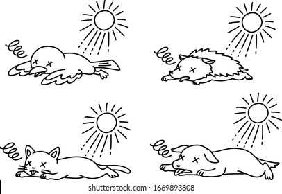 Illustration set of animals with heat stroke(black and white)