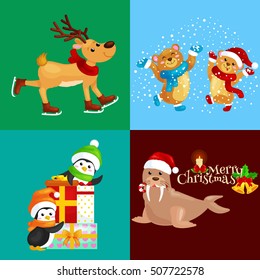 Illustration set animals winter holiday North Pole penguins with presents and bears under snow, deer skating, walrus in hat.Merry Christmas and Happy New Year