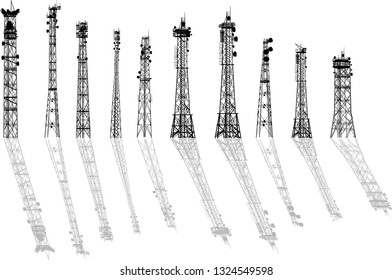 illustration with set of antenna silhouettes isolated on white background