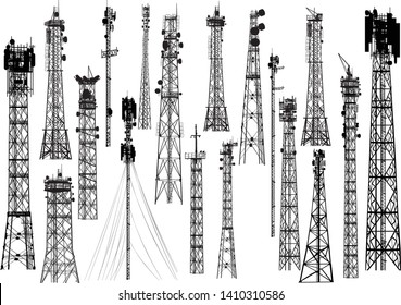 illustration with set of antenna silhouettes isolated on white background