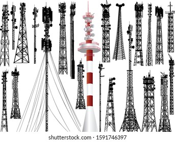 illustration with set of antenna silhouettes isolated on white background