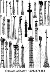 illustration with set of antenna silhouettes isolated on white background