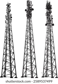 illustration with set of antenna silhouettes isolated on white background