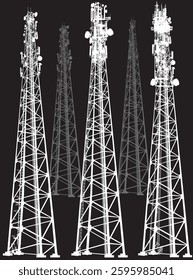 illustration with set of antenna silhouettes isolated on black background