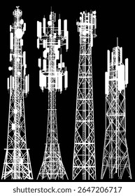 illustration with set of antenna silhouettes isolated on black background