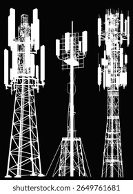 illustration with set of antenna silhouettes isolated on black background