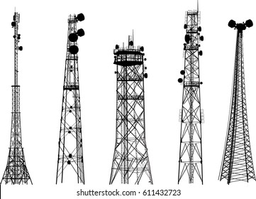 illustration with set of antenna silhouettes isolated on white background